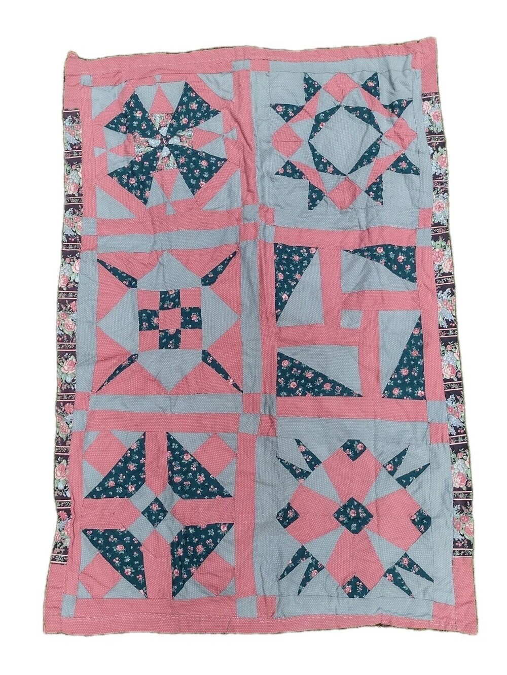 Vintage Handmade Patchwork Lap Quilt 31x45 Reversible Floral Cottagecore Folk